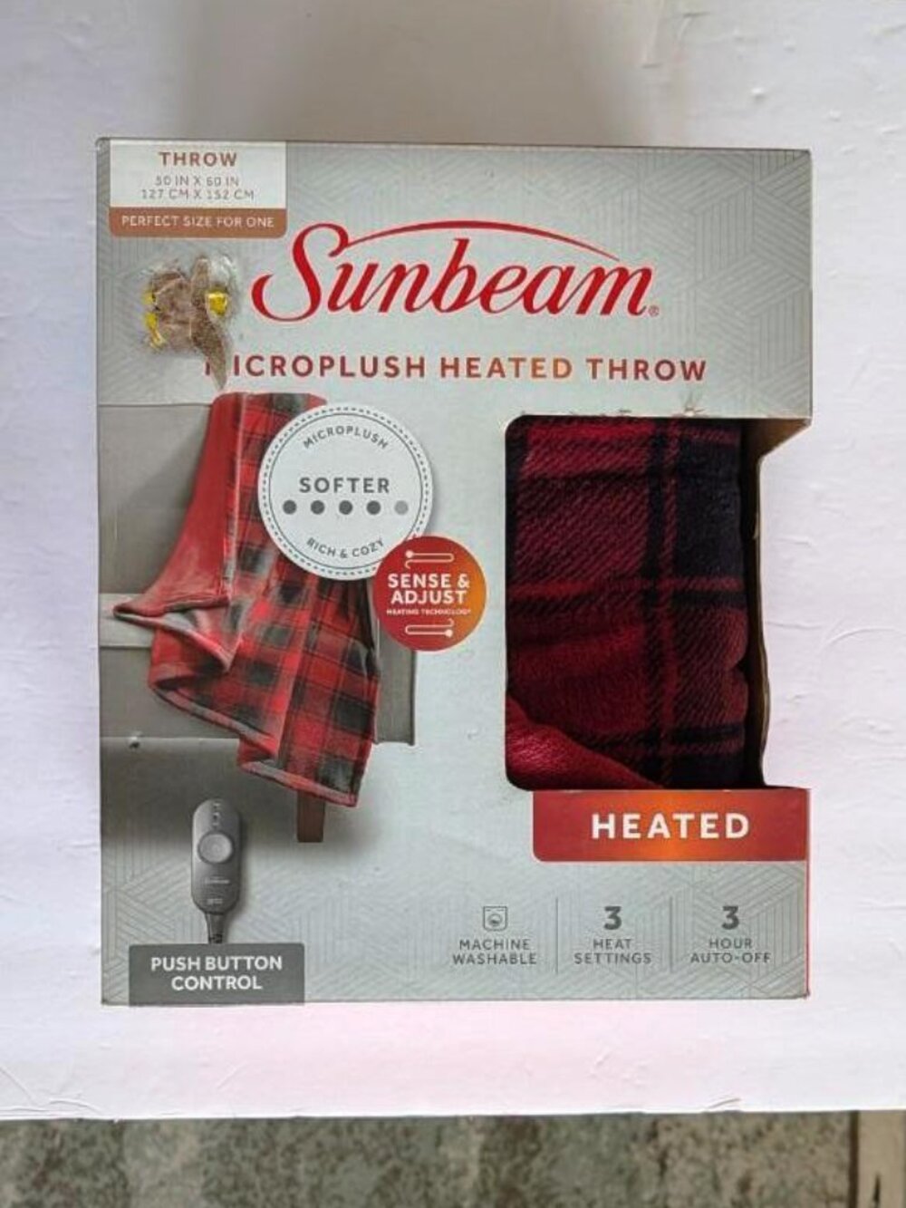 Sunbeam Microbrush HeatedThrow, Red Buffalo Checker 50" x 60 - New